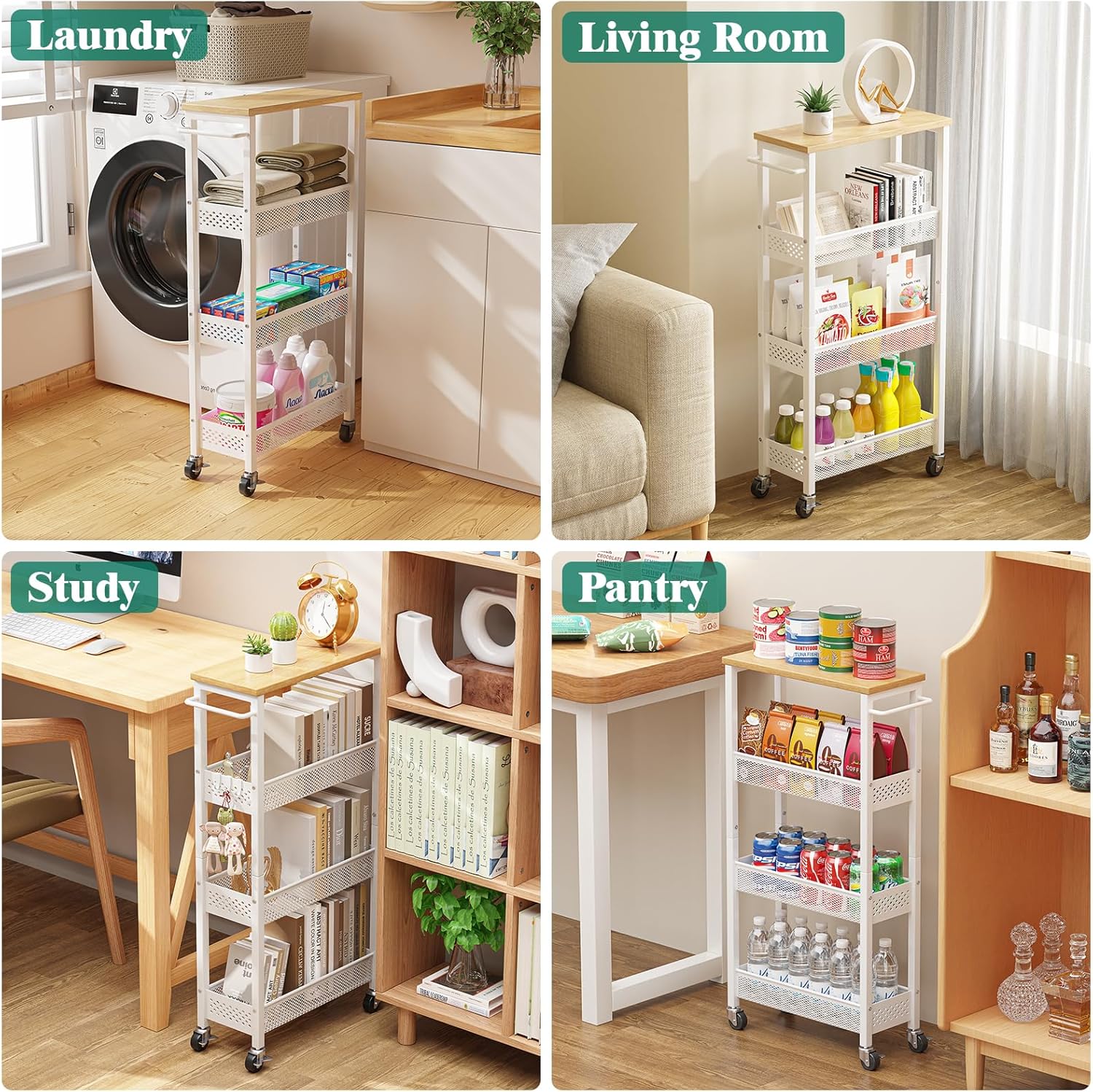 Giwil Slim Rolling Storage Cart 4 Tier Bathroom Organizer Mobile Shelving Unit Utility Cart with Wood Top and Handle for Kitchen Laundry Narrow Places, White